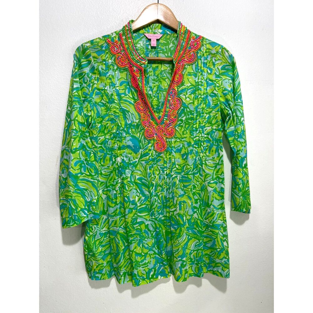 Lilly Pulitzer sarasota top tunic green beaded beach resort vacation women M New